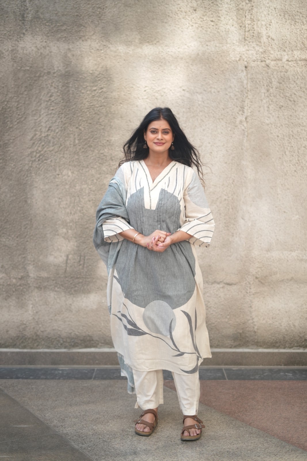Grey Abstract Botanical Print Linen Cotton Suit Set