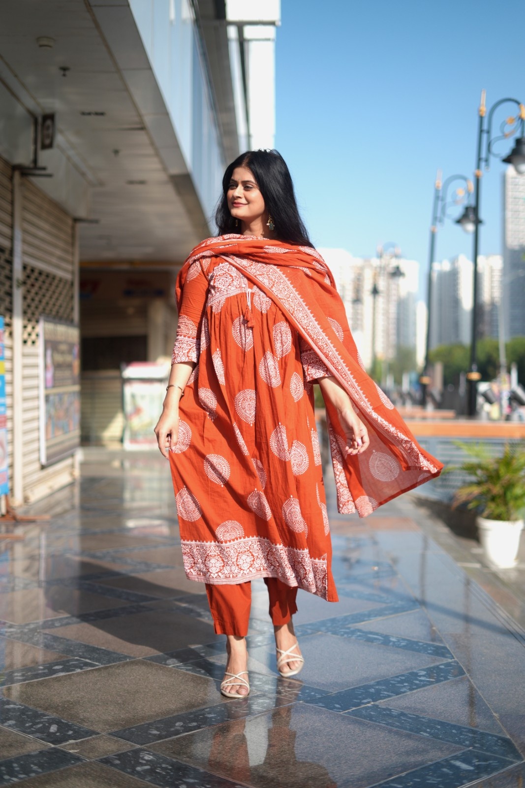 Rust Orange Handblock Inspired Flared Kurta Set with Dupatta
