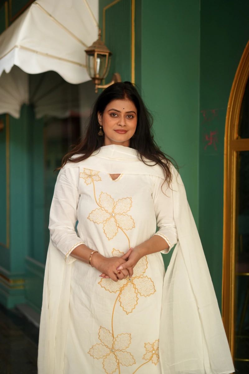 Ivory Floral Embroidered Cotton Suit Set