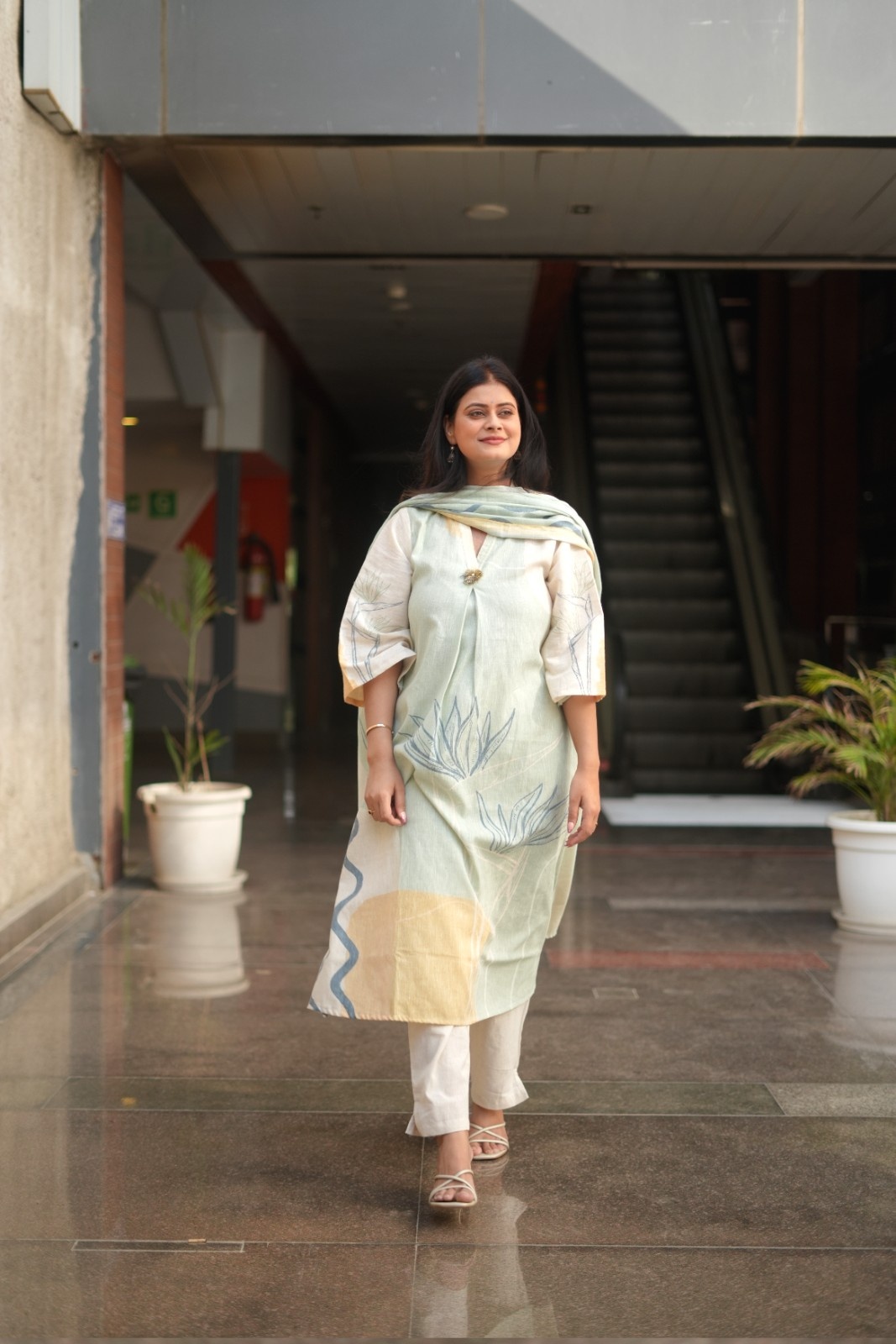 Sage Bloom Linen-Cotton Kurta Set with Dupatta