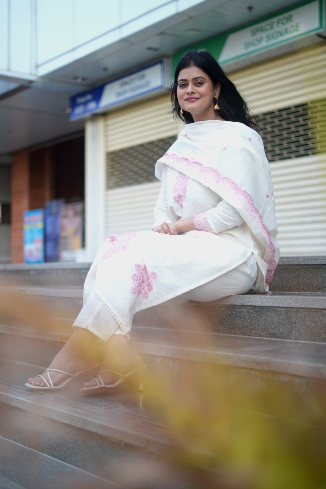 White Pink Embroidered Cotton Dobby Suit Set