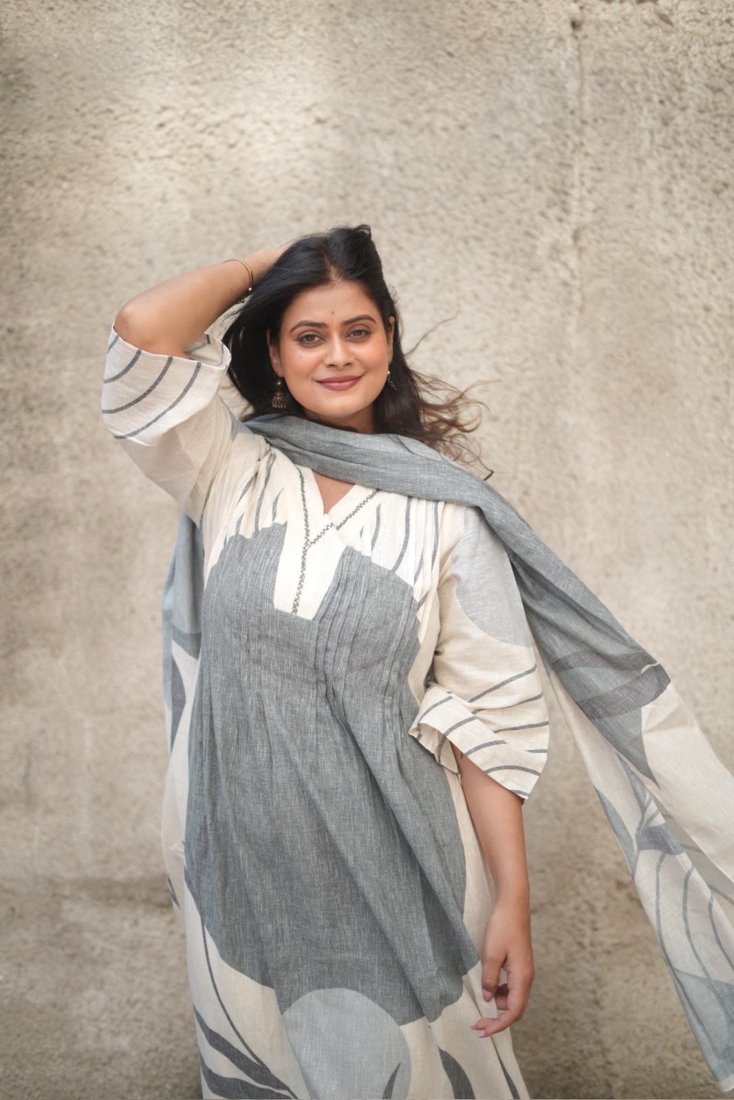 Grey Abstract Botanical Print Linen Cotton Suit Set