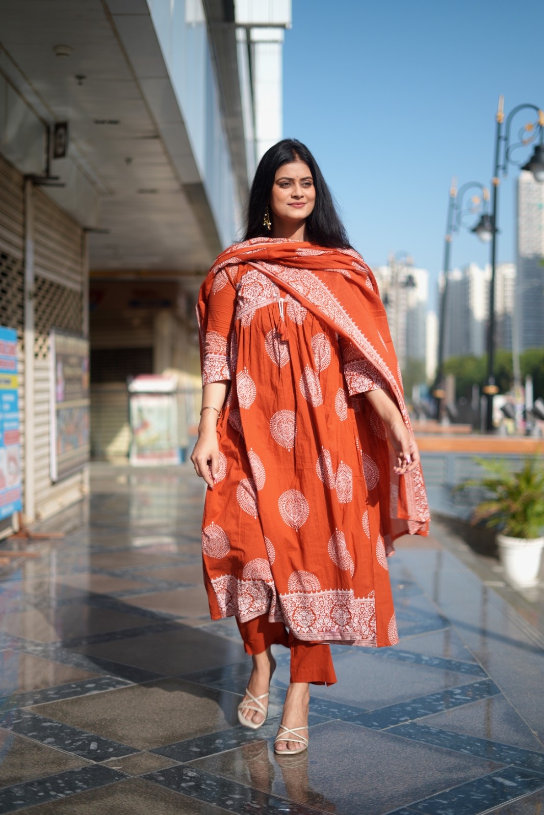 Rust Orange Handblock Inspired Flared Kurta Set with Dupatta