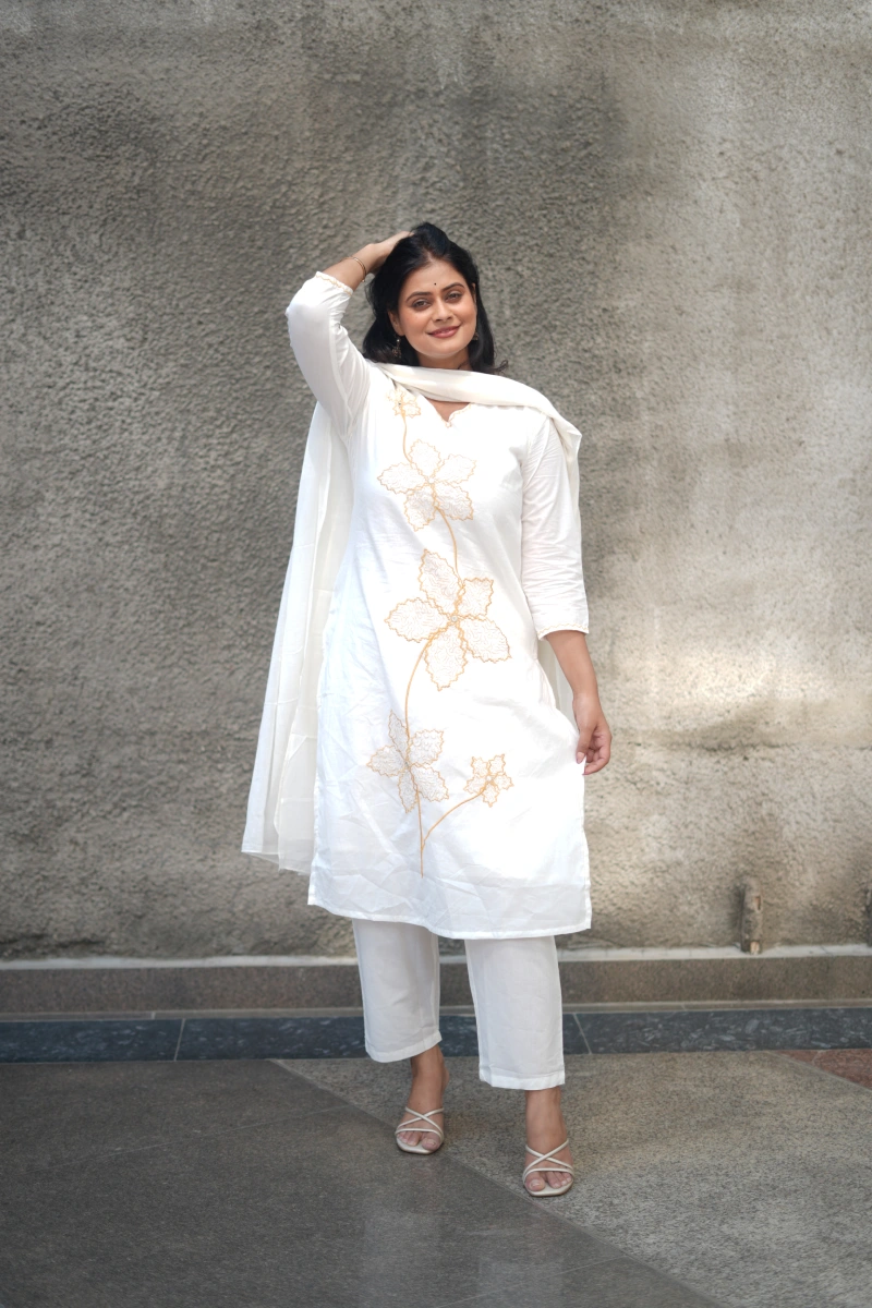 Ivory Floral Embroidered Cotton Suit Set