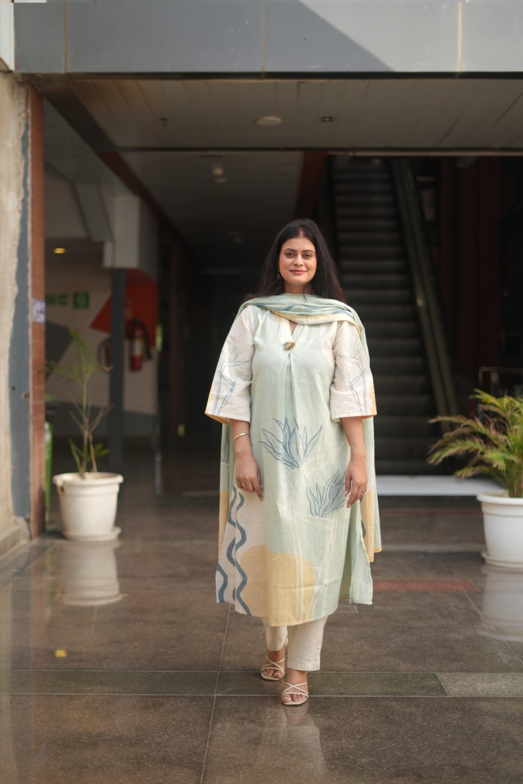 Sage Bloom Linen-Cotton Kurta Set with Dupatta