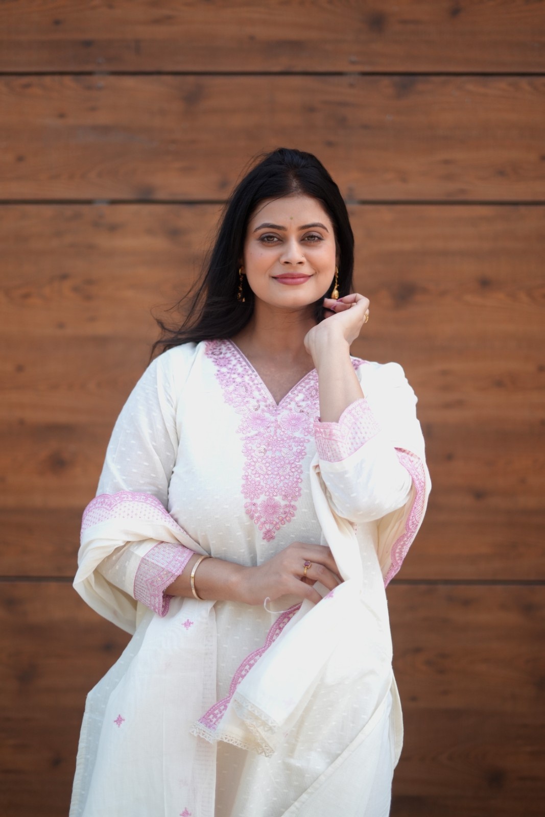 White Pink Embroidered Cotton Dobby Suit Set