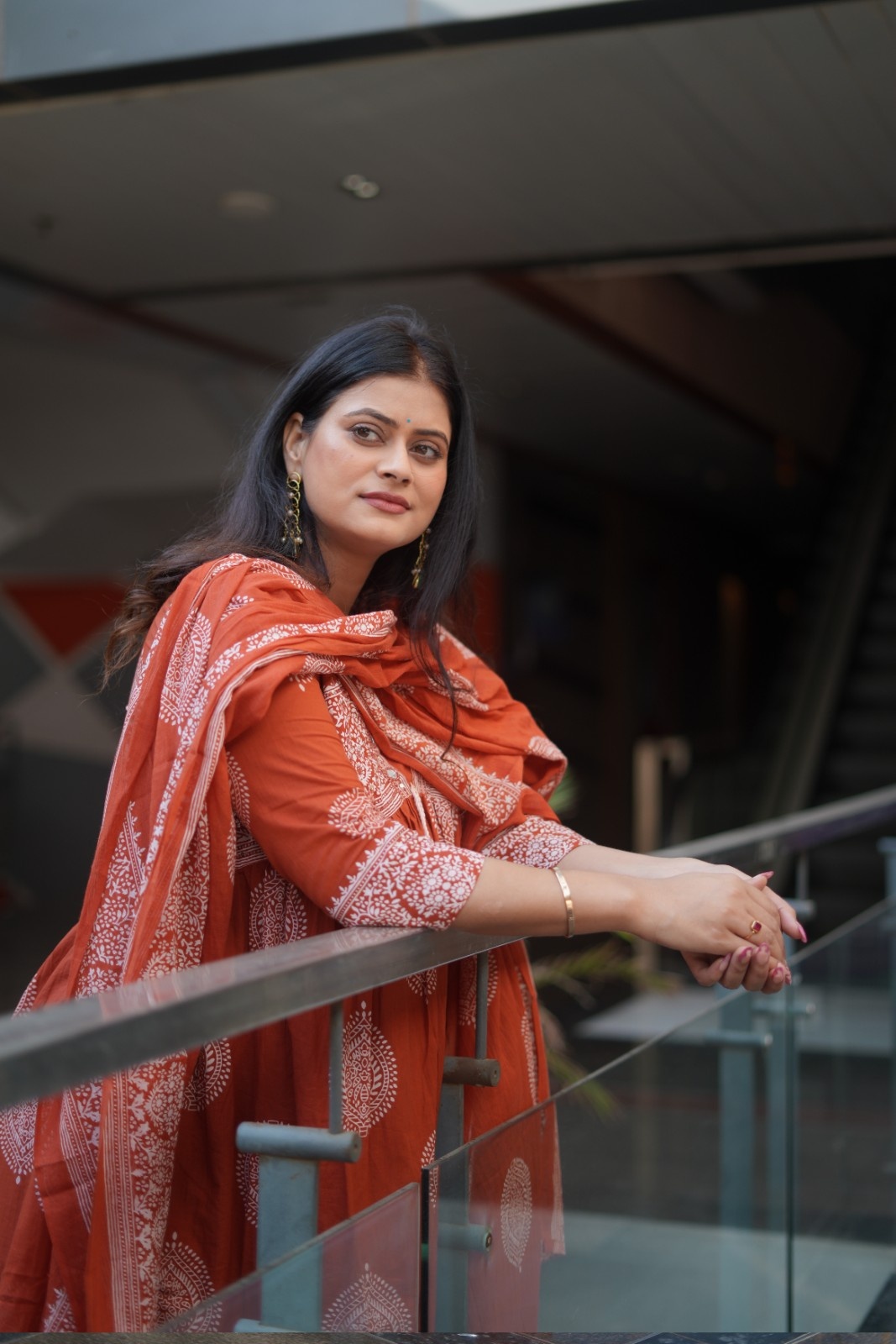 Rust Orange Handblock Inspired Flared Kurta Set with Dupatta