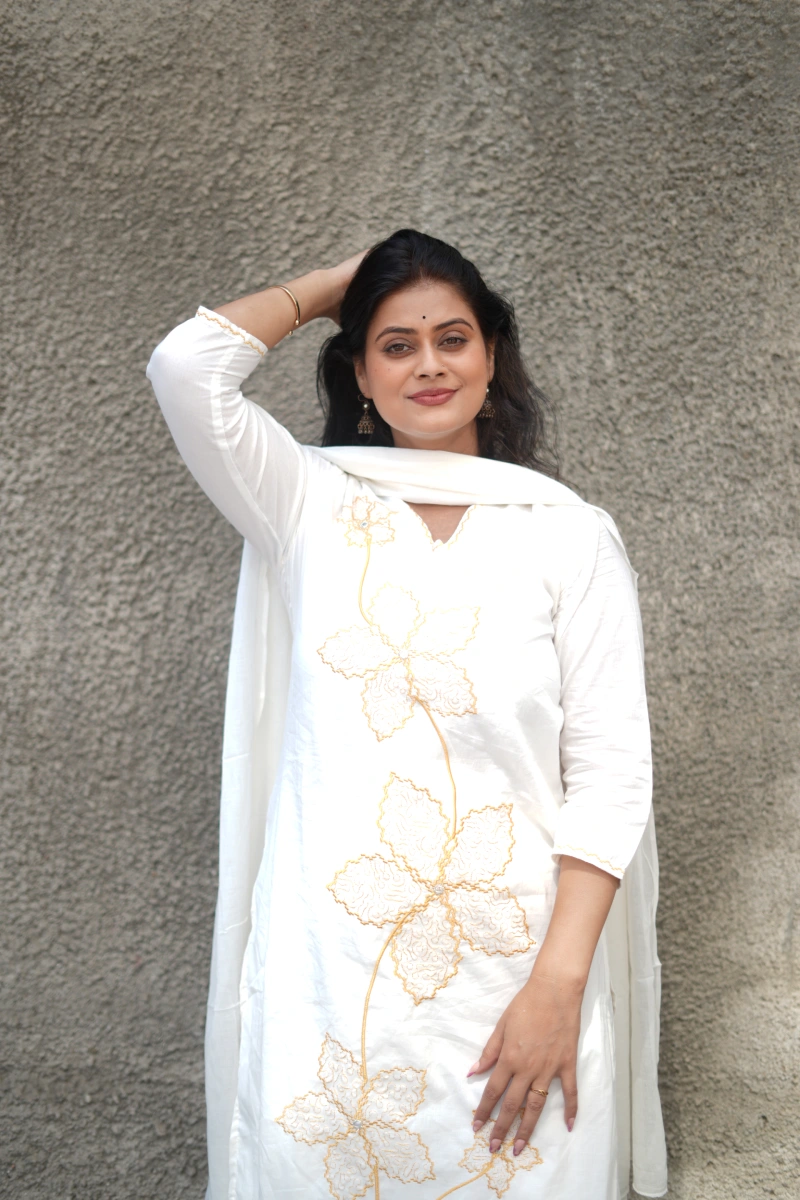 Ivory Floral Embroidered Cotton Suit Set