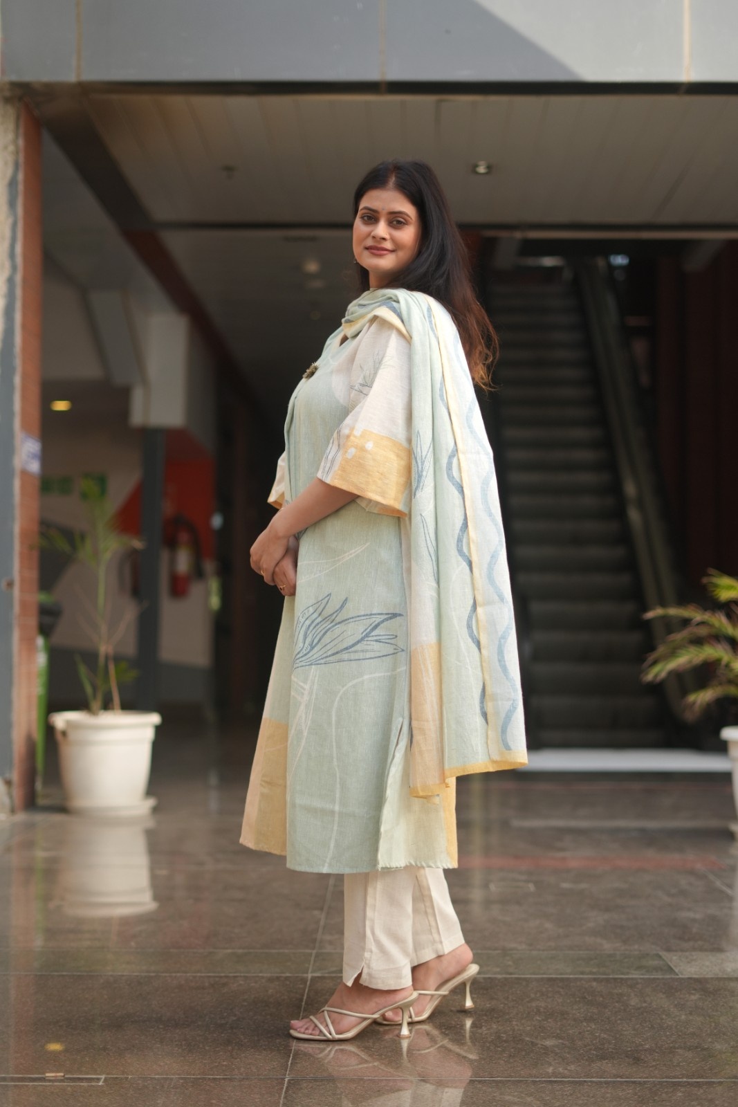Sage Bloom Linen-Cotton Kurta Set with Dupatta
