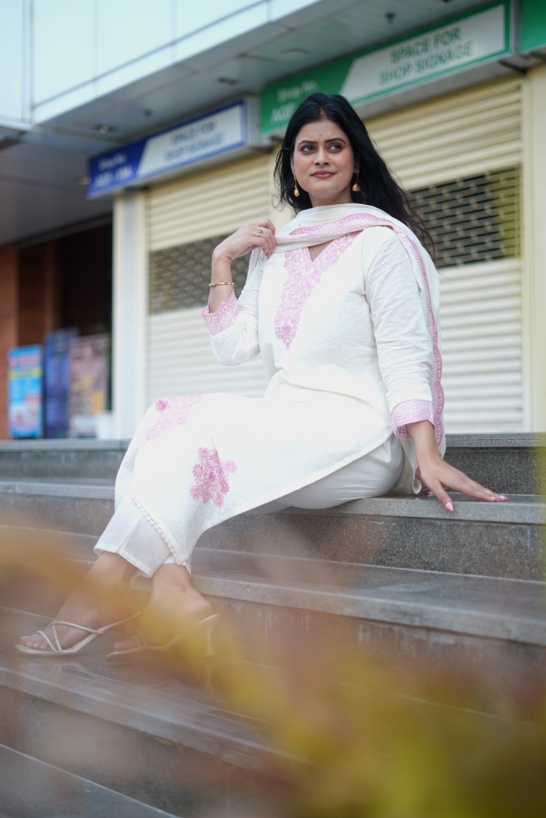 White Pink Embroidered Cotton Dobby Suit Set