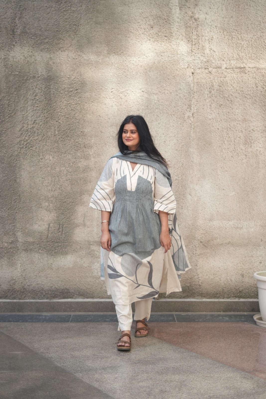 Grey Abstract Botanical Print Linen Cotton Suit Set