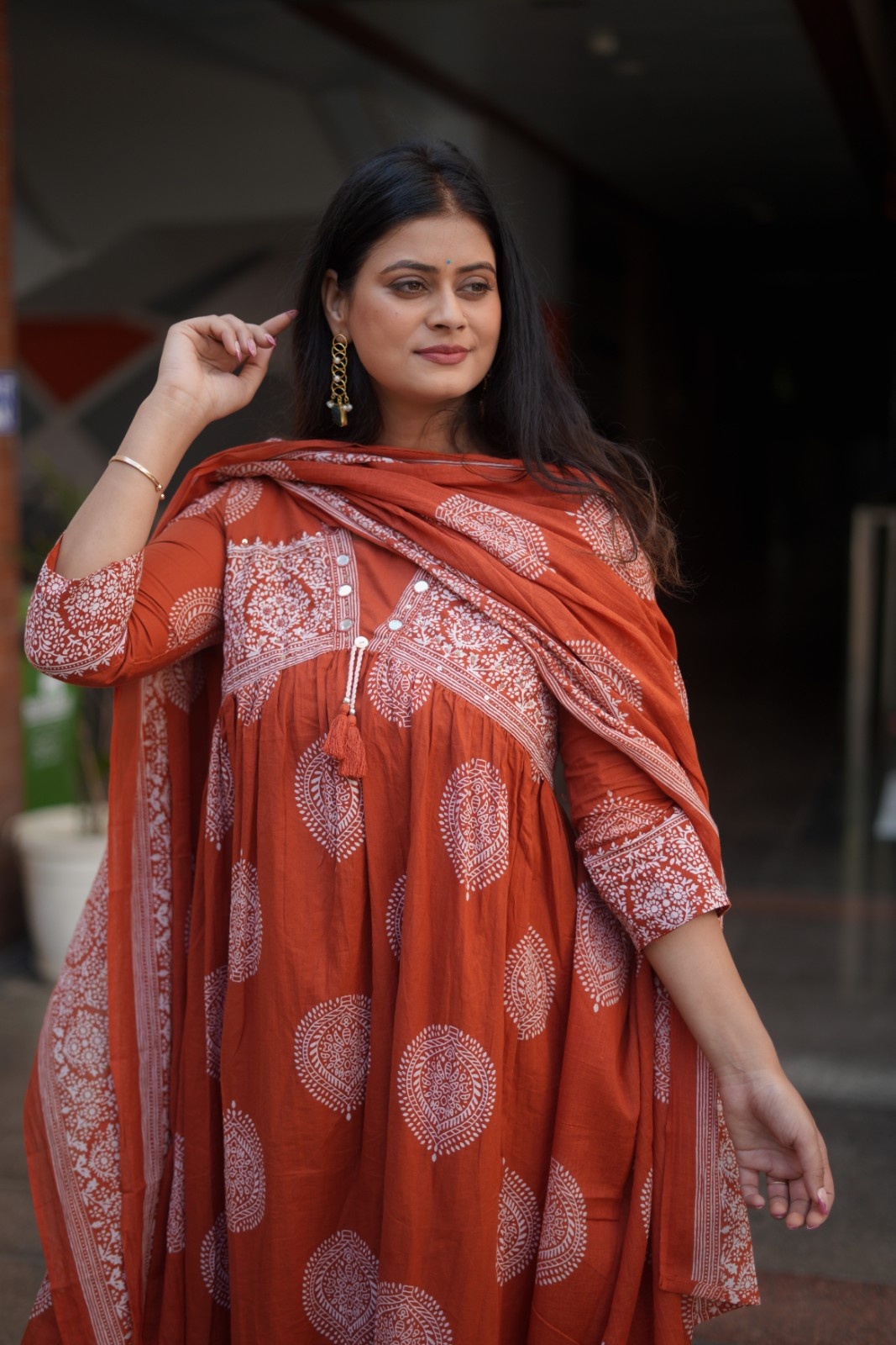 Rust Orange Handblock Inspired Flared Kurta Set with Dupatta