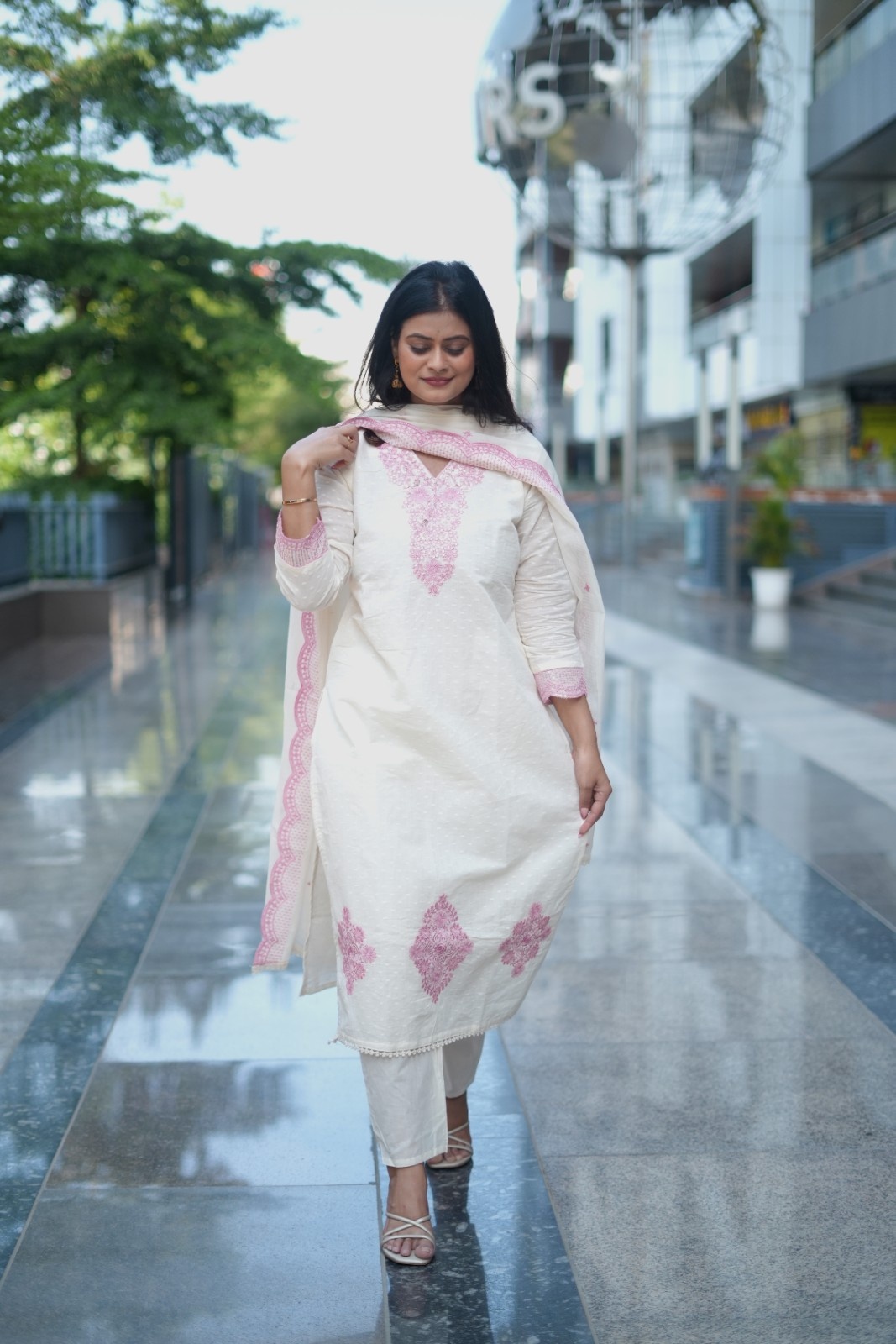 White Pink Embroidered Cotton Dobby Suit Set