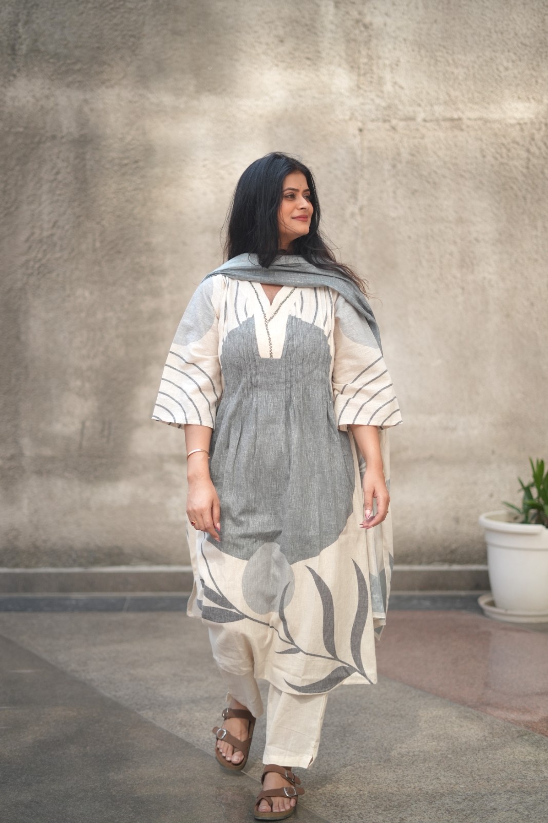 Grey Abstract Botanical Print Linen Cotton Suit Set