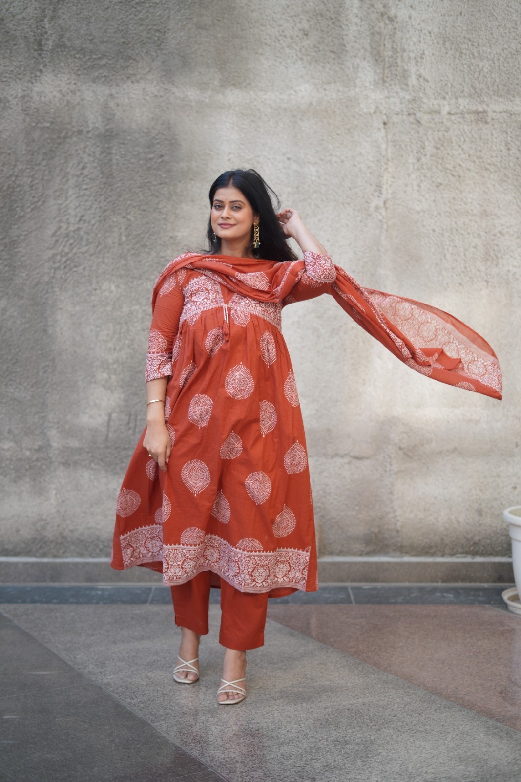Rust Orange Handblock Inspired Flared Kurta Set with Dupatta