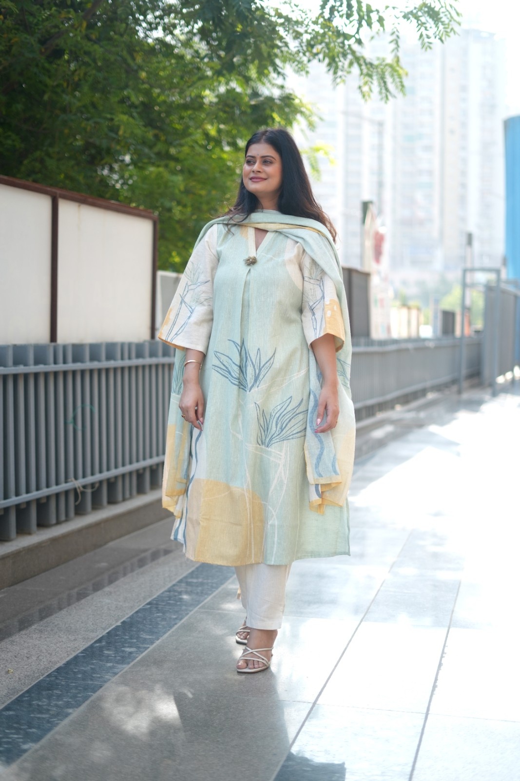 Sage Bloom Linen-Cotton Kurta Set with Dupatta
