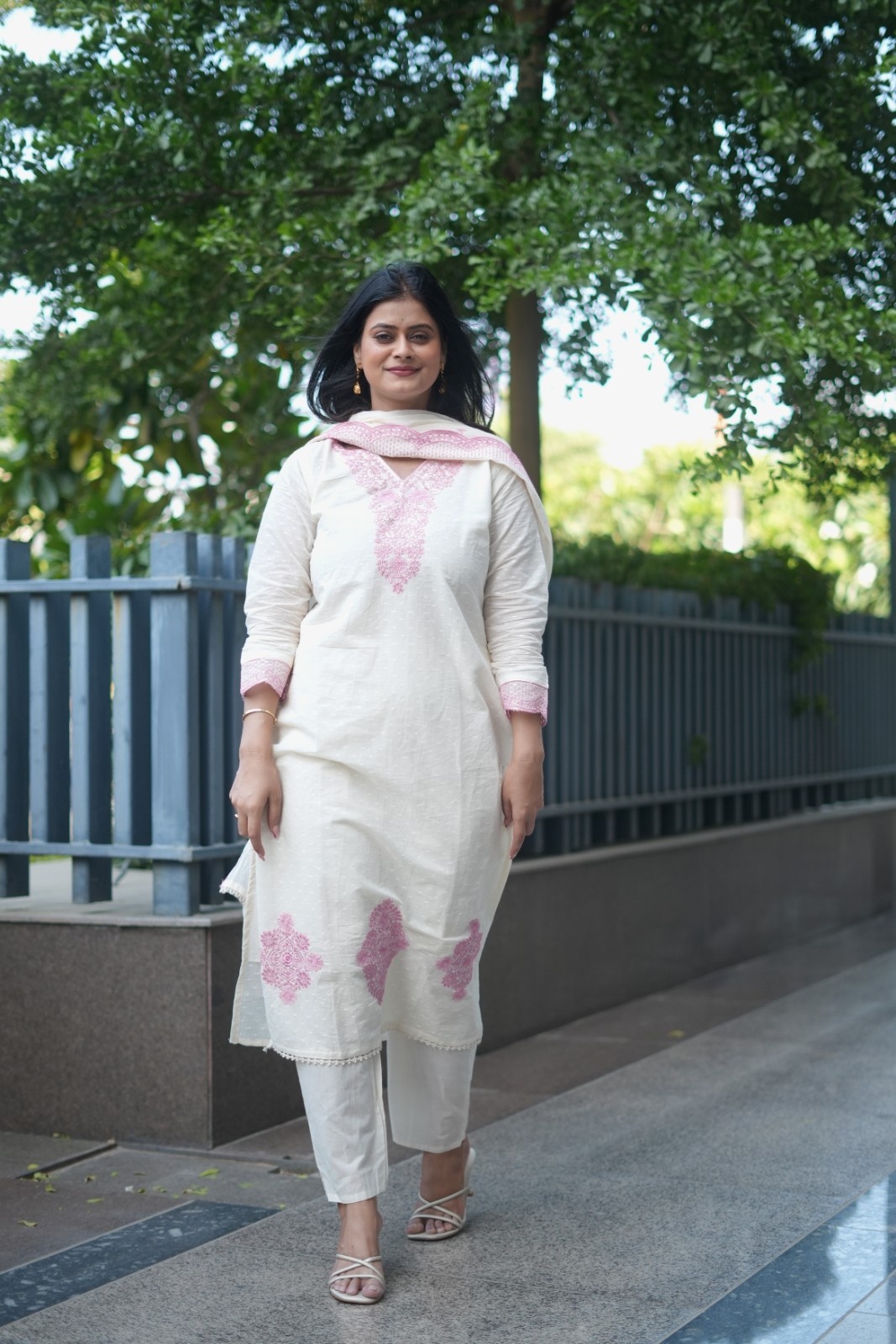 White Pink Embroidered Cotton Dobby Suit Set