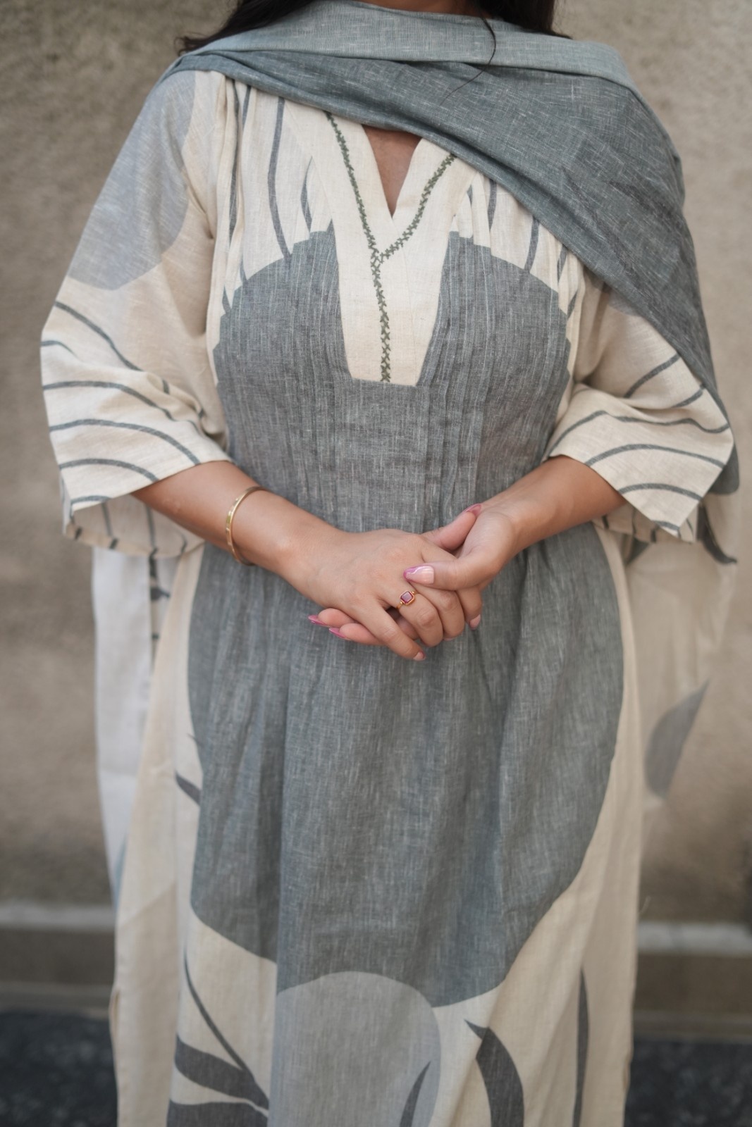 Grey Abstract Botanical Print Linen Cotton Suit Set