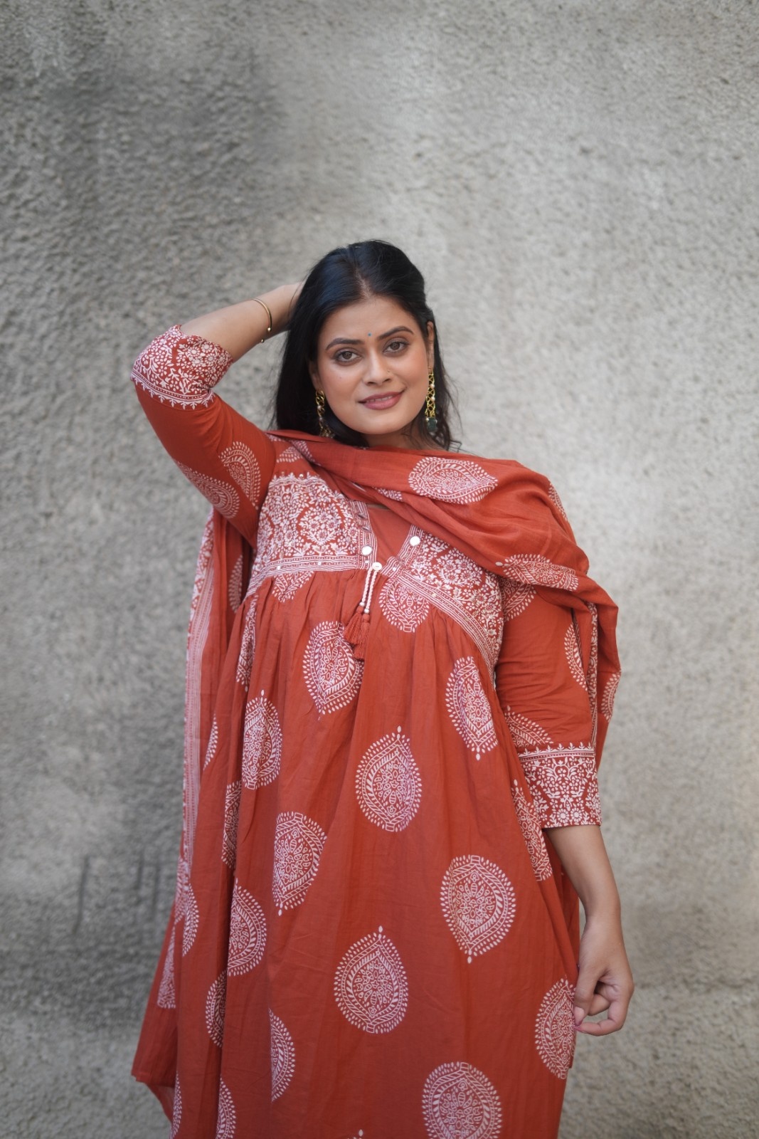Rust Orange Handblock Inspired Flared Kurta Set with Dupatta