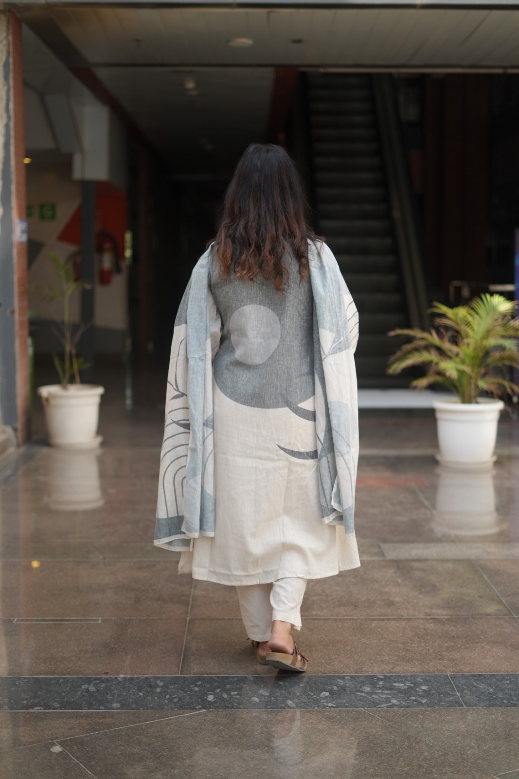 Grey Abstract Botanical Print Linen Cotton Suit Set