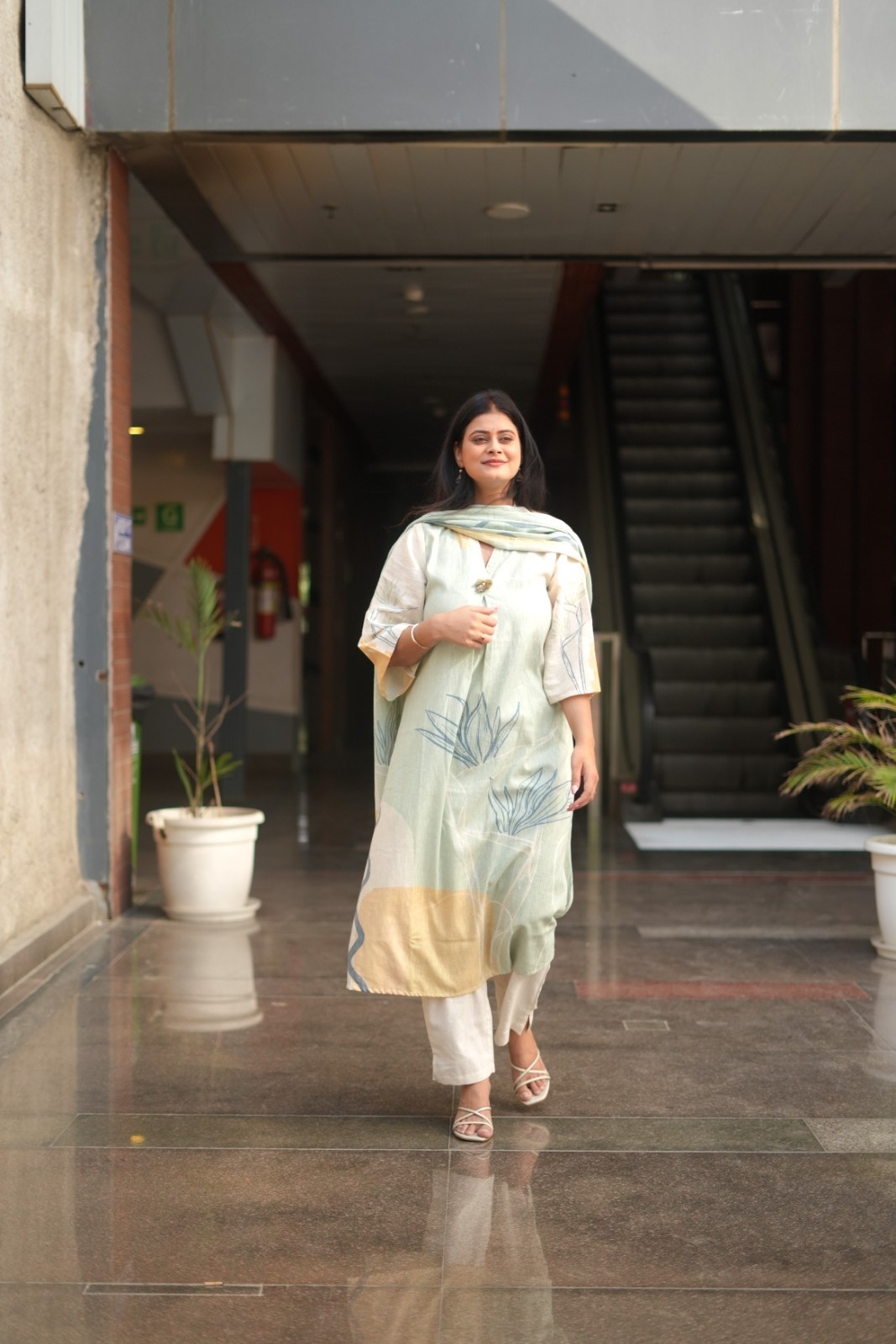 Sage Bloom Linen-Cotton Kurta Set with Dupatta