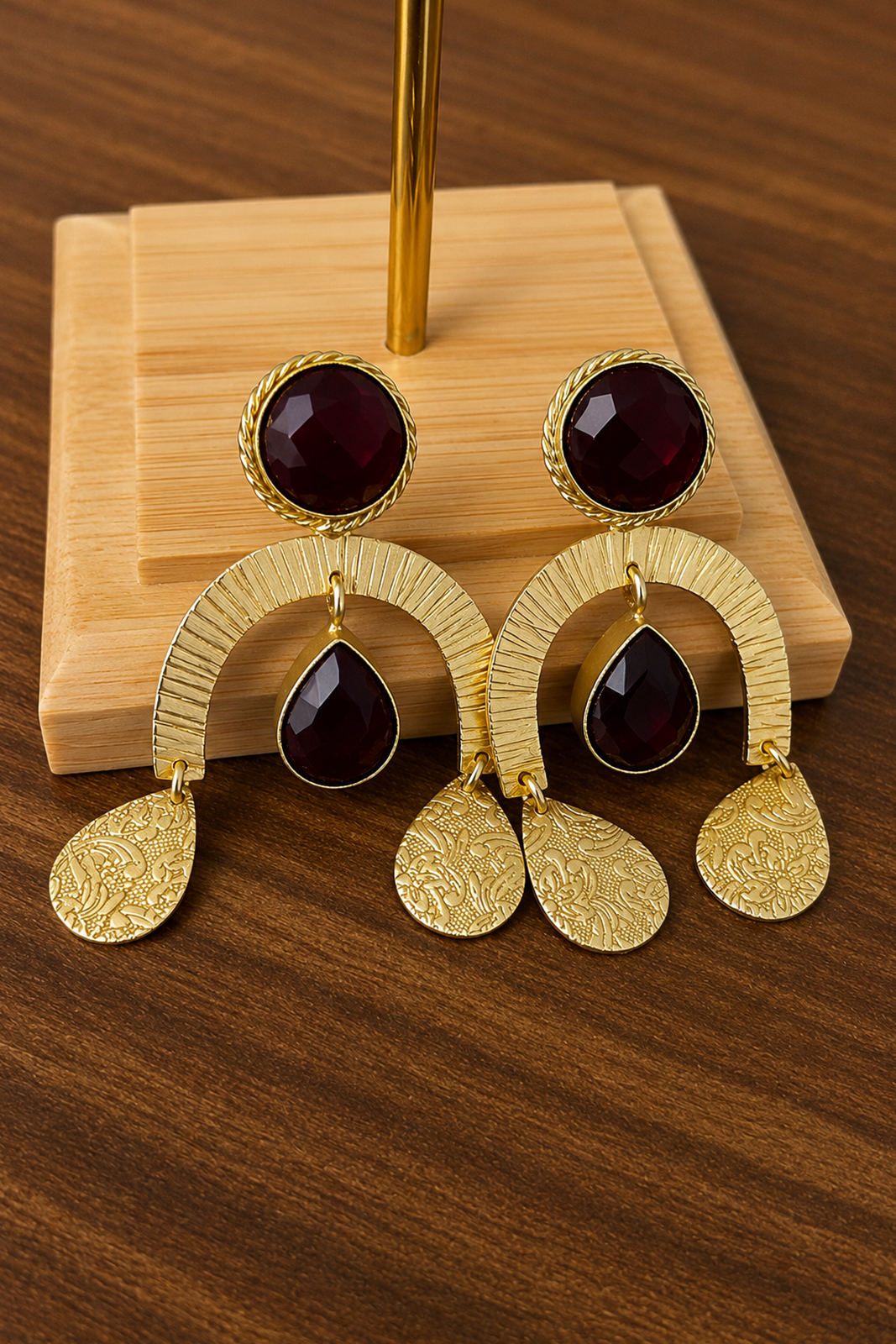 Ruby Red Stone Gold Statement Earrings