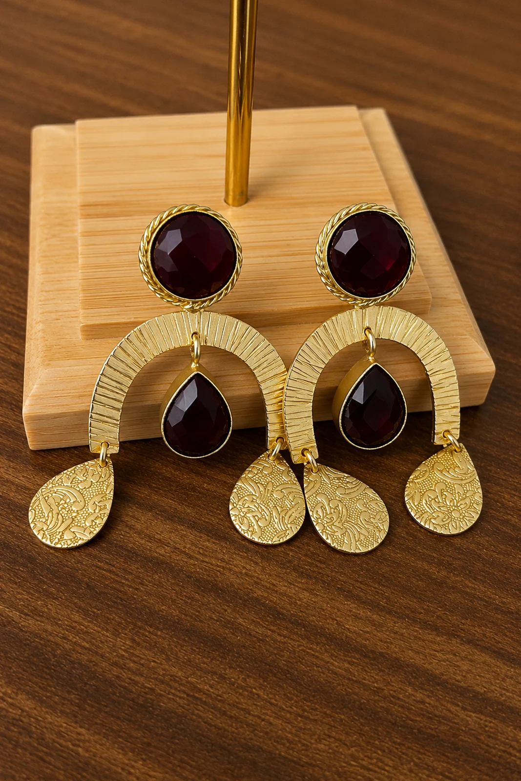 Ruby Red Stone Gold Statement Earrings