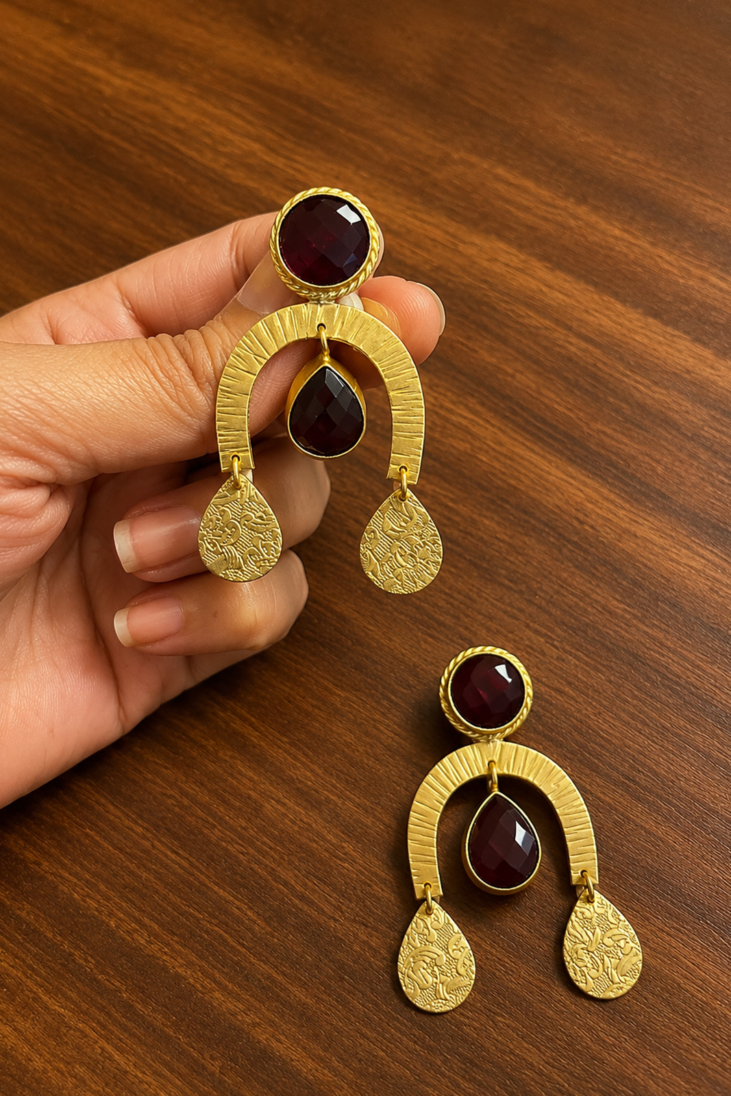 Ruby Red Stone Gold Statement Earrings