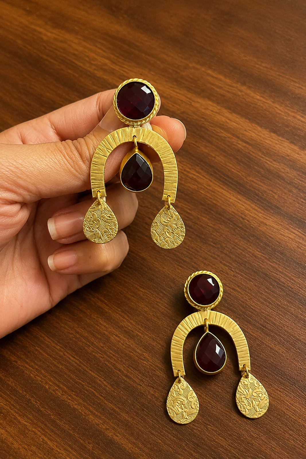 Ruby Red Stone Gold Statement Earrings