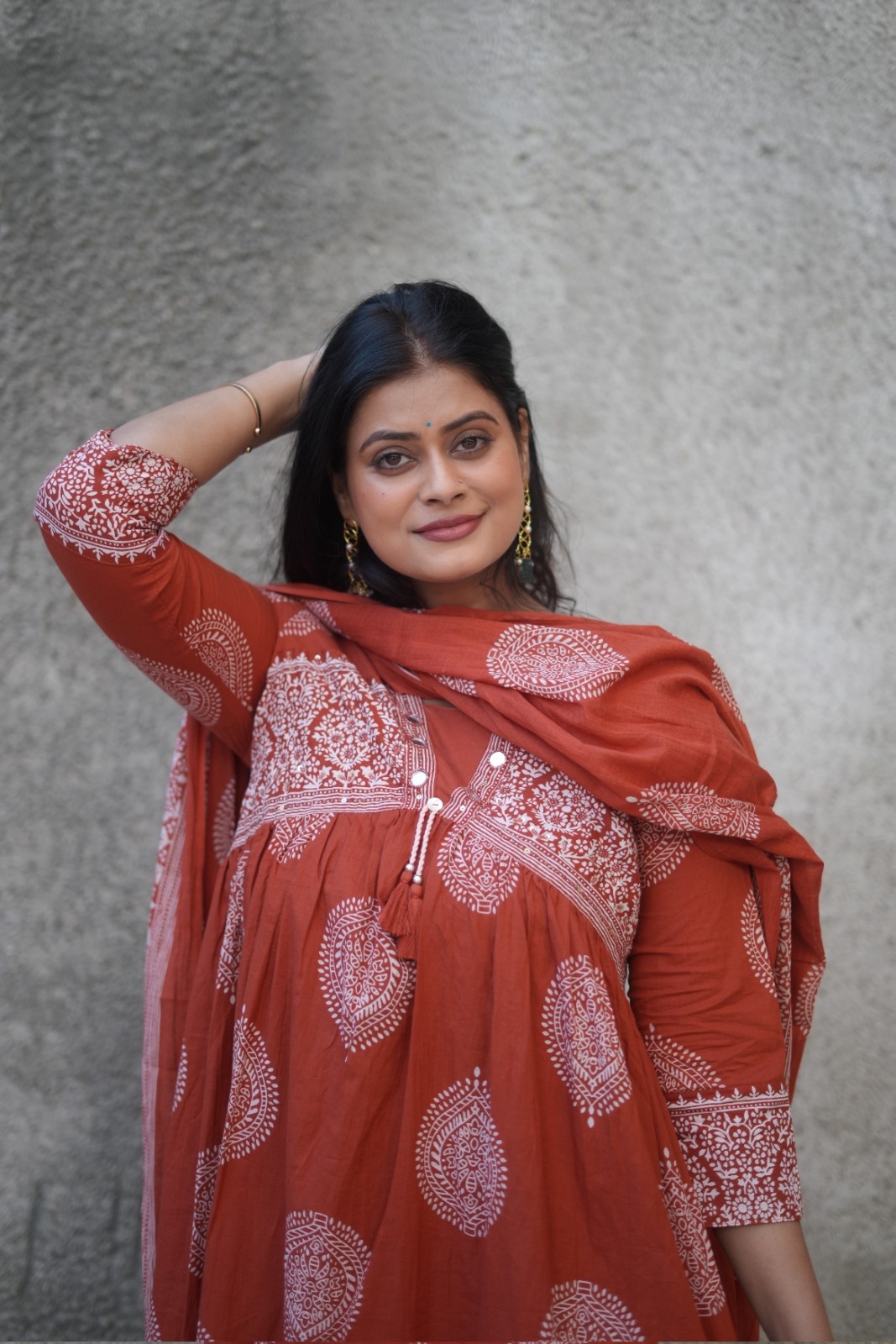 Rust Orange Handblock Inspired Flared Kurta Set with Dupatta