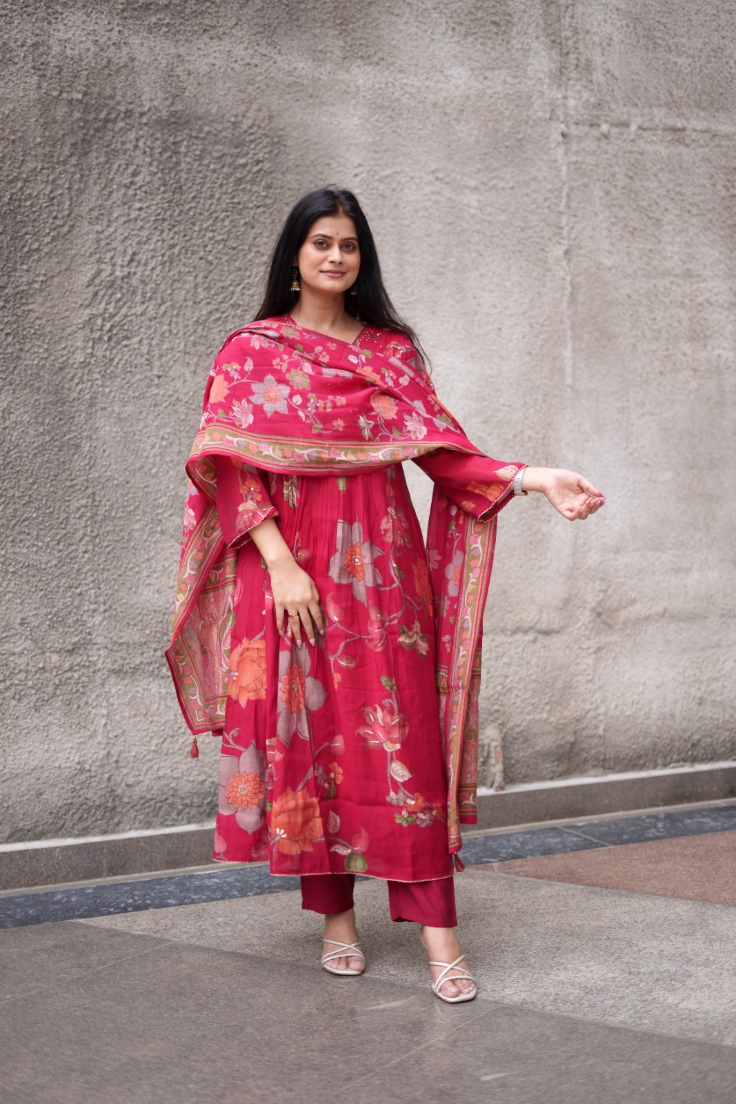 Ruby Bloom Floral Georgette Kurta Set with Dupatta
