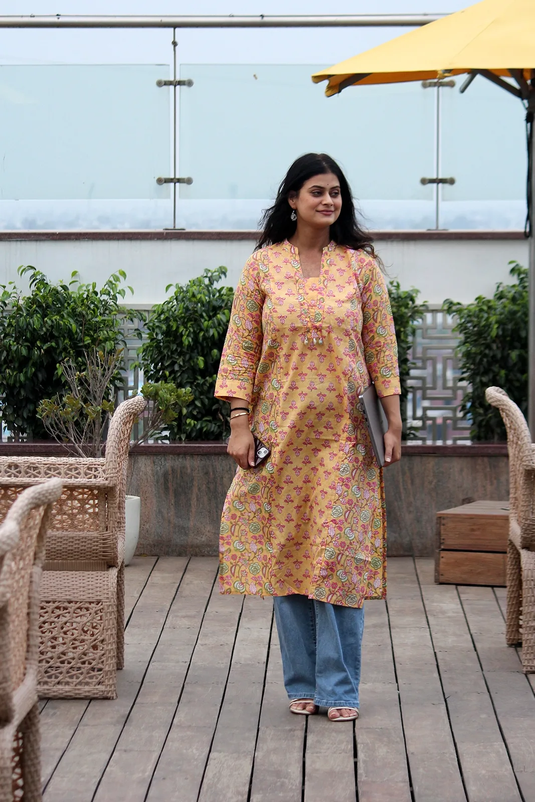 Beige Pink Floral Kurti Folded Product View