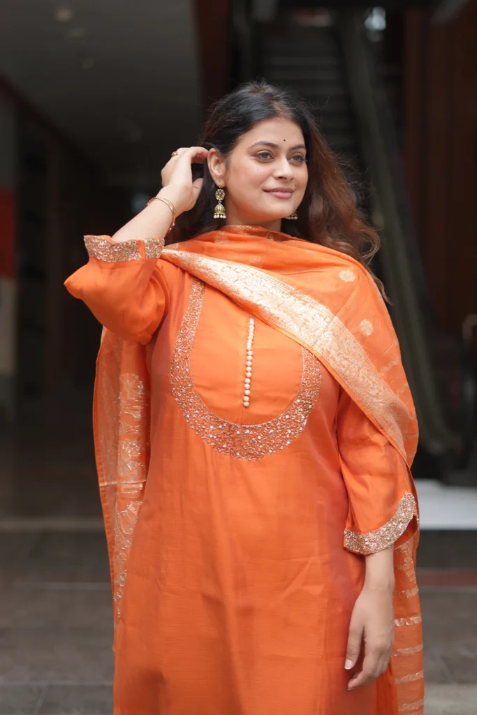 Orange Chanderi Suit with Katdana and Zari Work