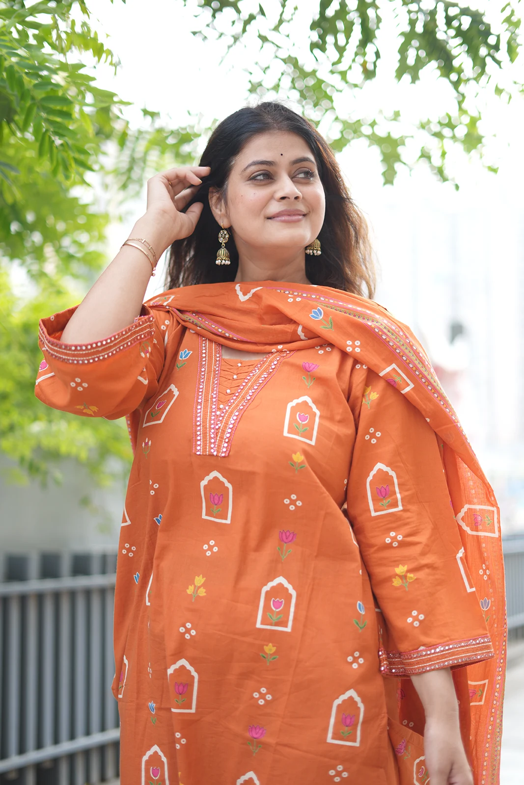 Orange Printed Cotton Farsi Summer Set