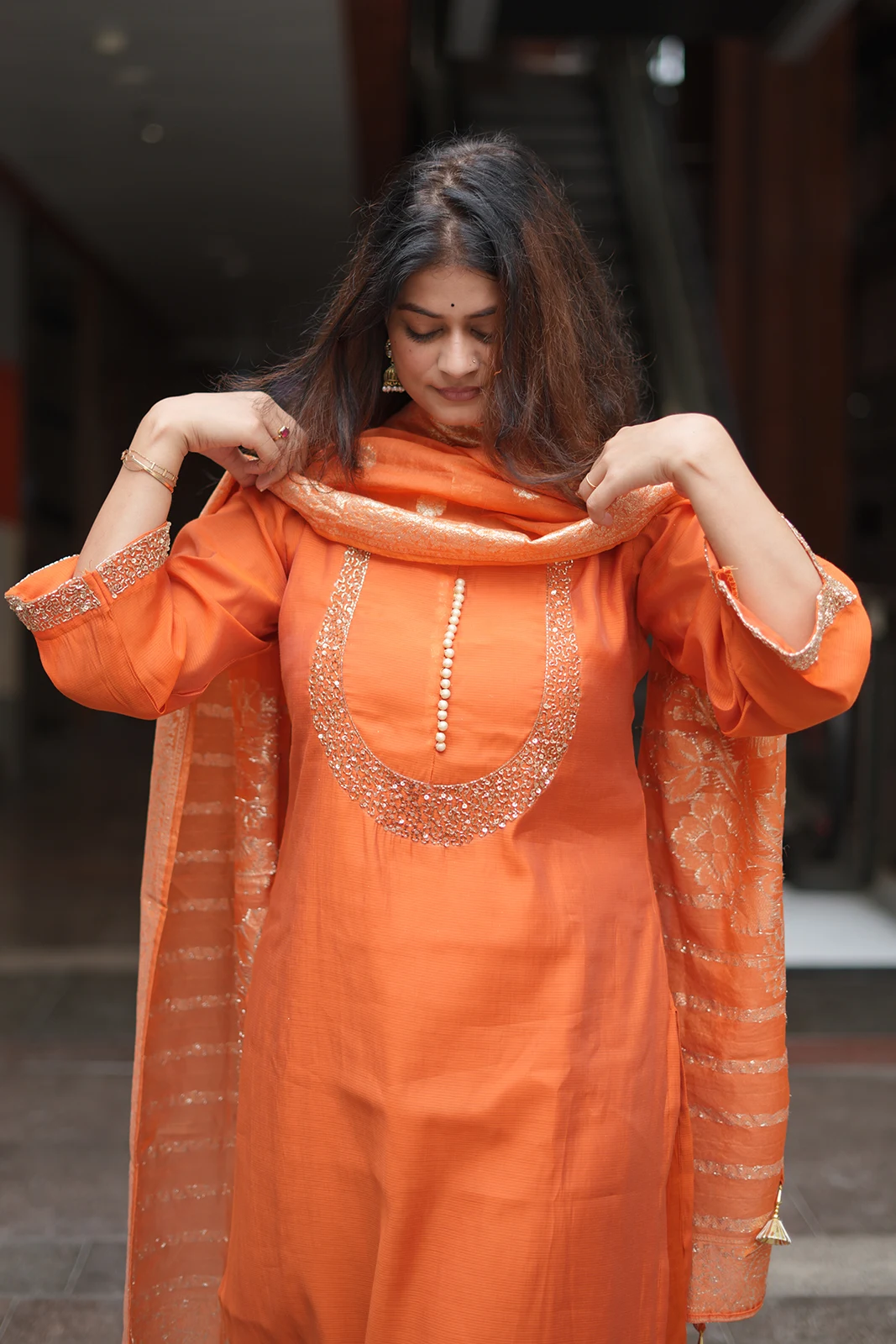 Orange Katdana & Zari Chanderi Silk Suit Set