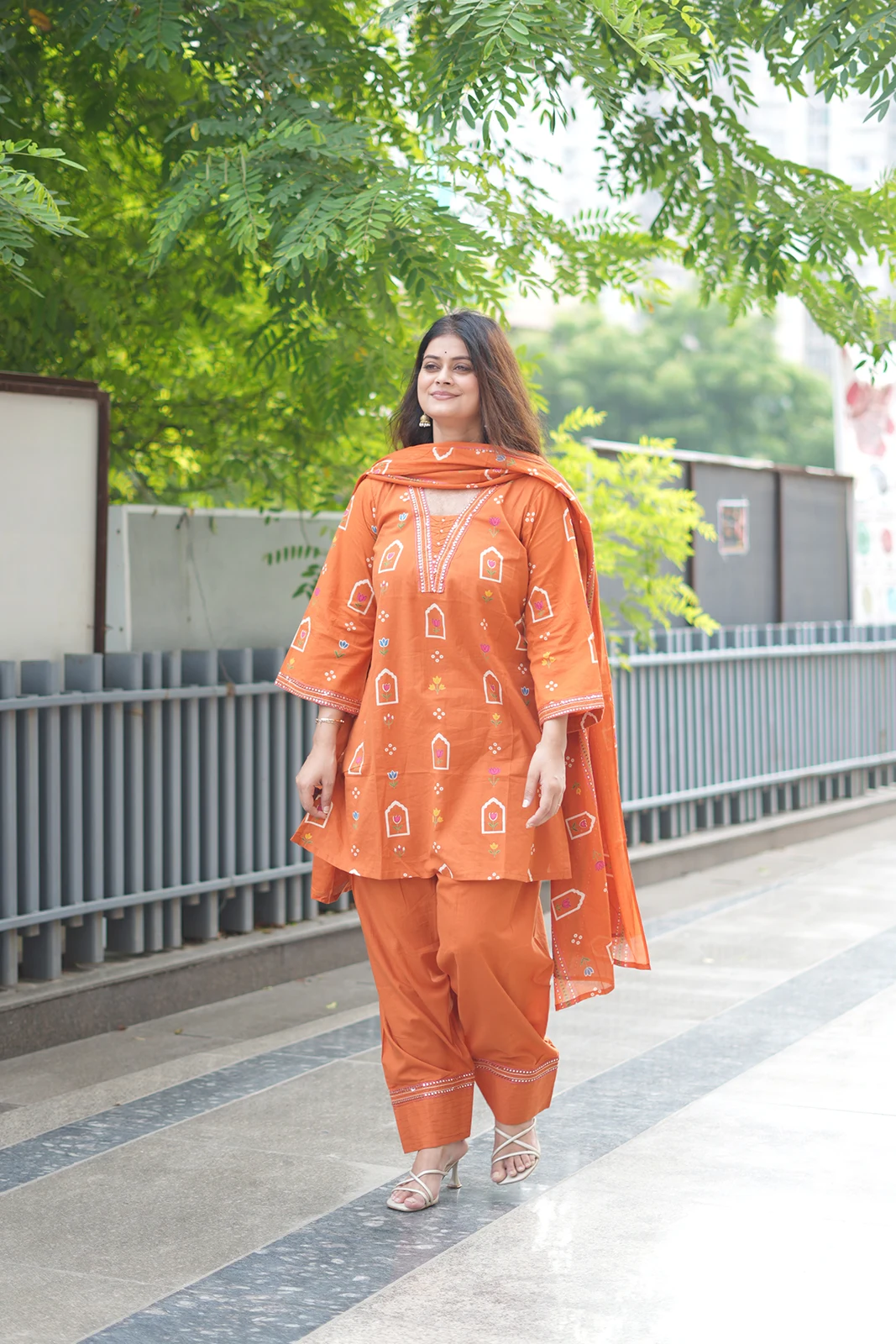 Orange Printed Cotton Farsi Summer Set