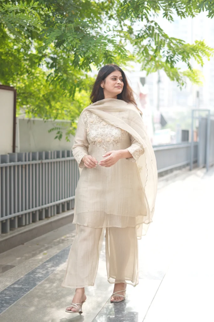 Ivory tissue silk suit set with floral embroidery, palazzo and dupatta
