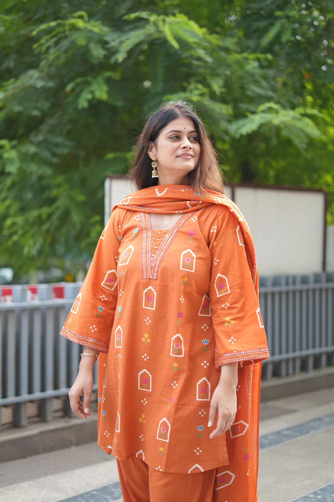 Orange Printed Cotton Farsi Summer Set
