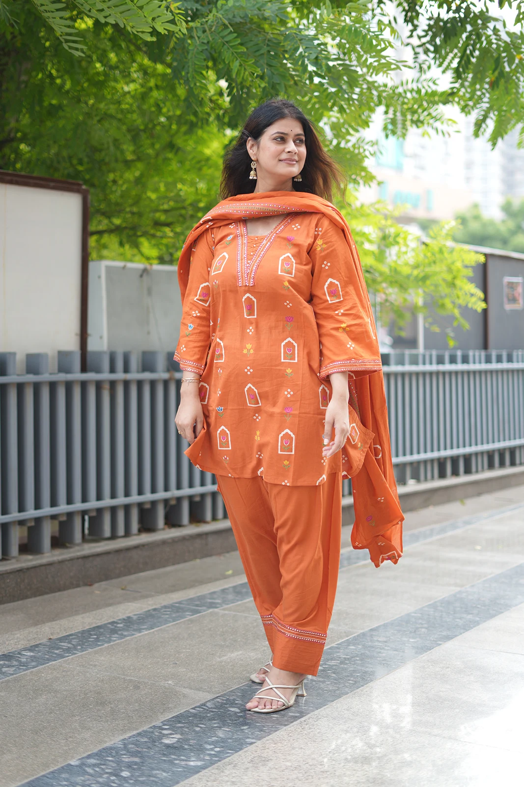 Orange printed cotton Farsi summer set for women