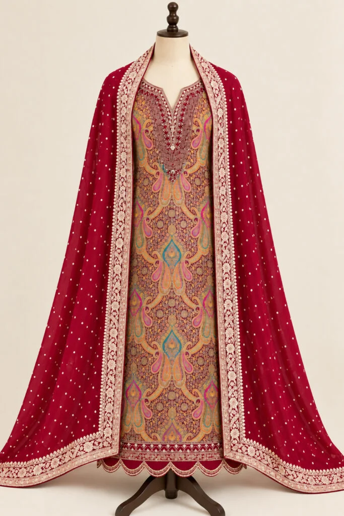 Royal Benaras Jacquard Embroidered Suit Set with Dupatta