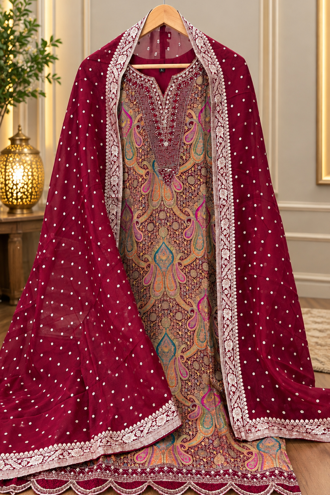 Royal Benaras Jacquard Embroidered Suit Set with Dupatta