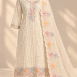 Ivory embroidered crushed tissue kurta with matching trousers and floral dupatta