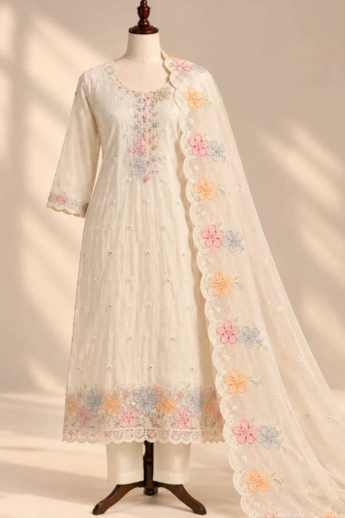 Ivory embroidered crushed tissue kurta with matching trousers and floral dupatta