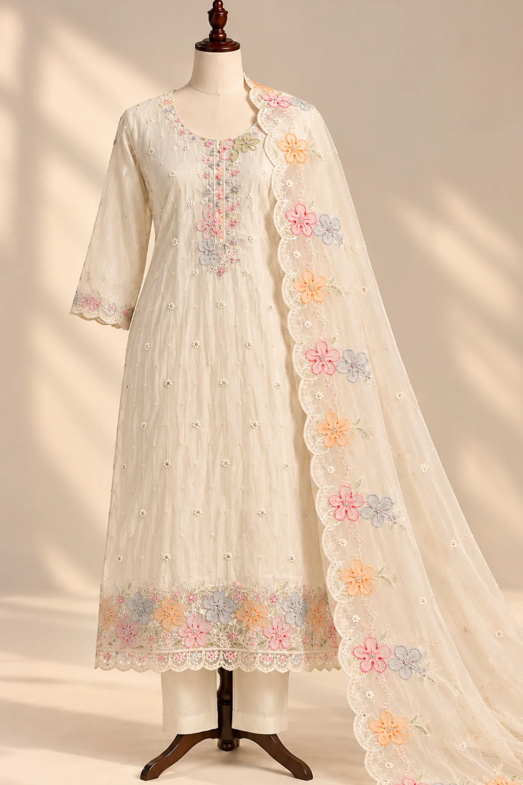 Ivory embroidered crushed tissue kurta with matching trousers and floral dupatta