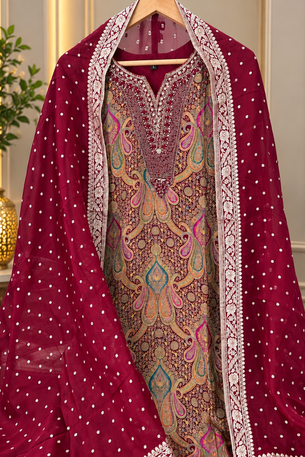 Royal Benaras Jacquard Embroidered Suit Set with Dupatta