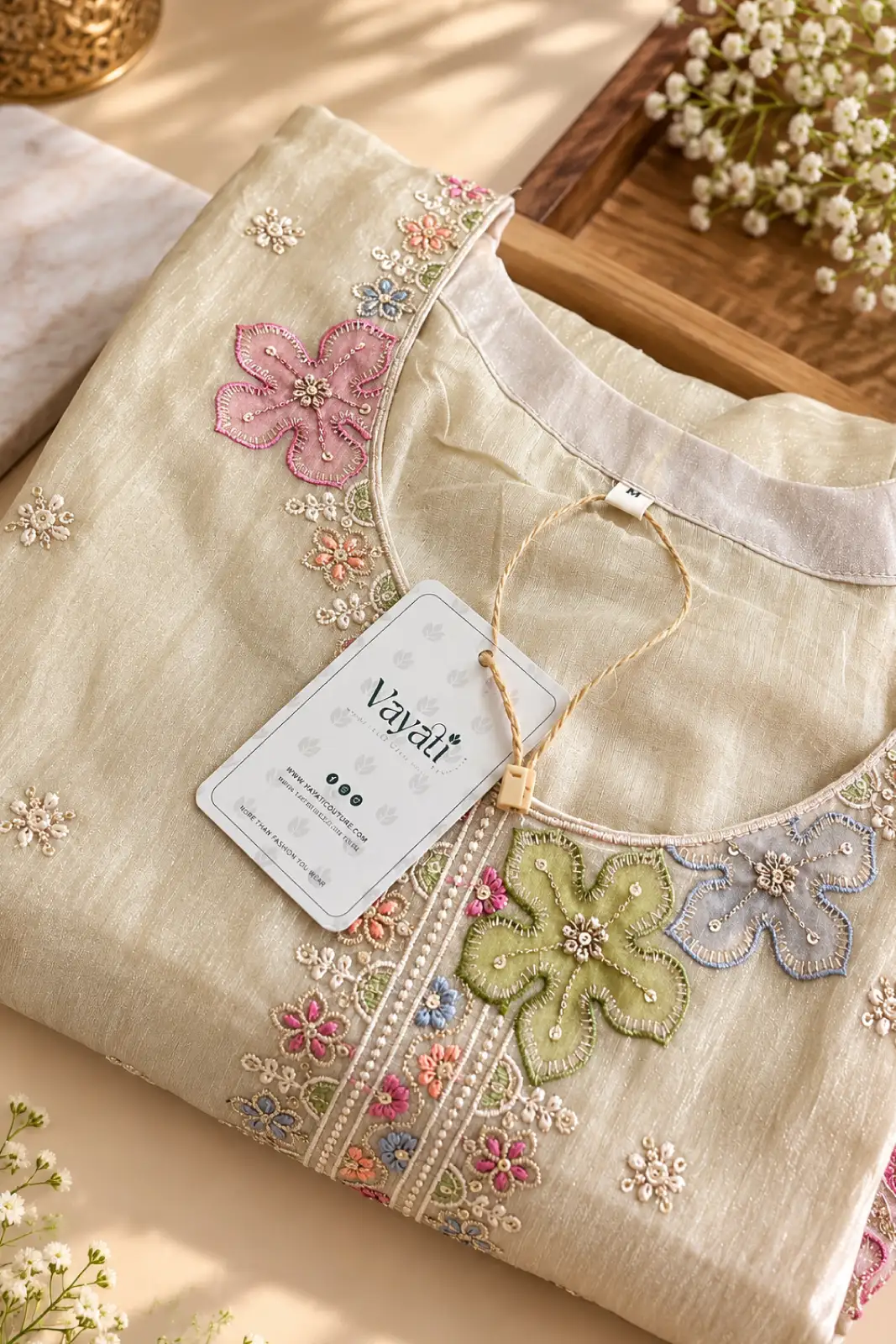 Close-up of colourful floral embroidery on an ivory crushed tissue suit