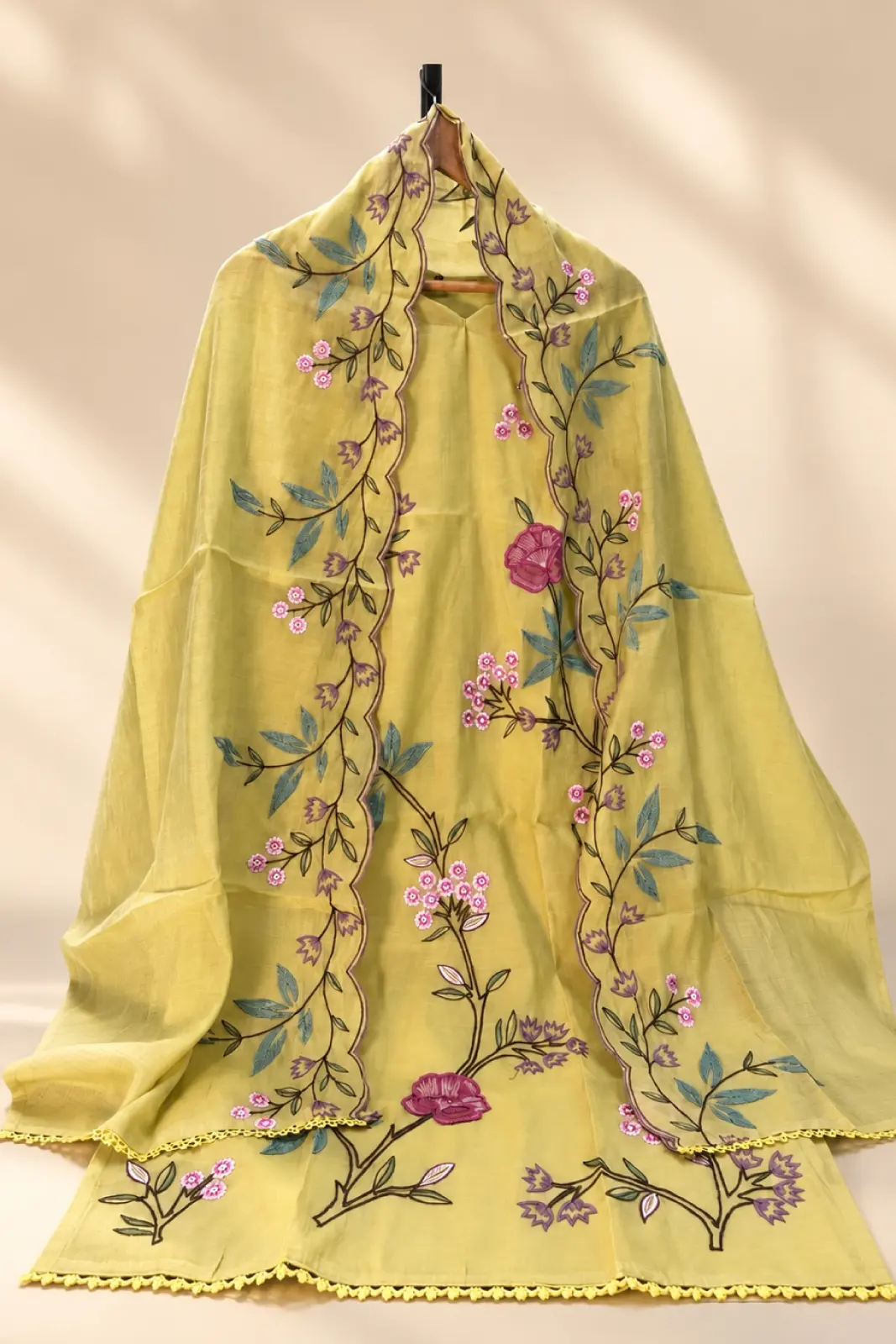 Mustard Yellow Mul Chanderi Suit Set with Floral Embroidery