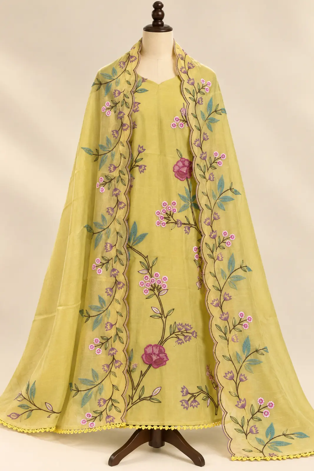 Mustard Yellow Mul Chanderi Suit Set with Floral Embroidery