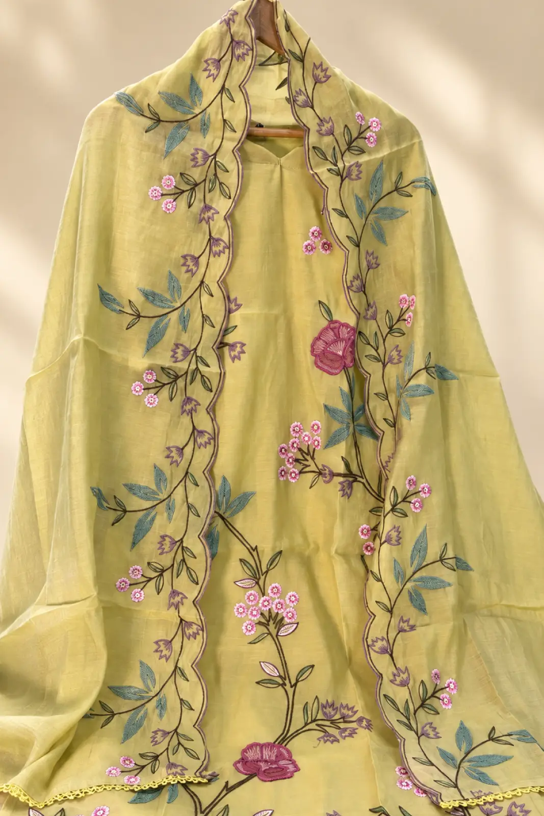 Mustard Yellow Mul Chanderi Suit Set with Floral Embroidery